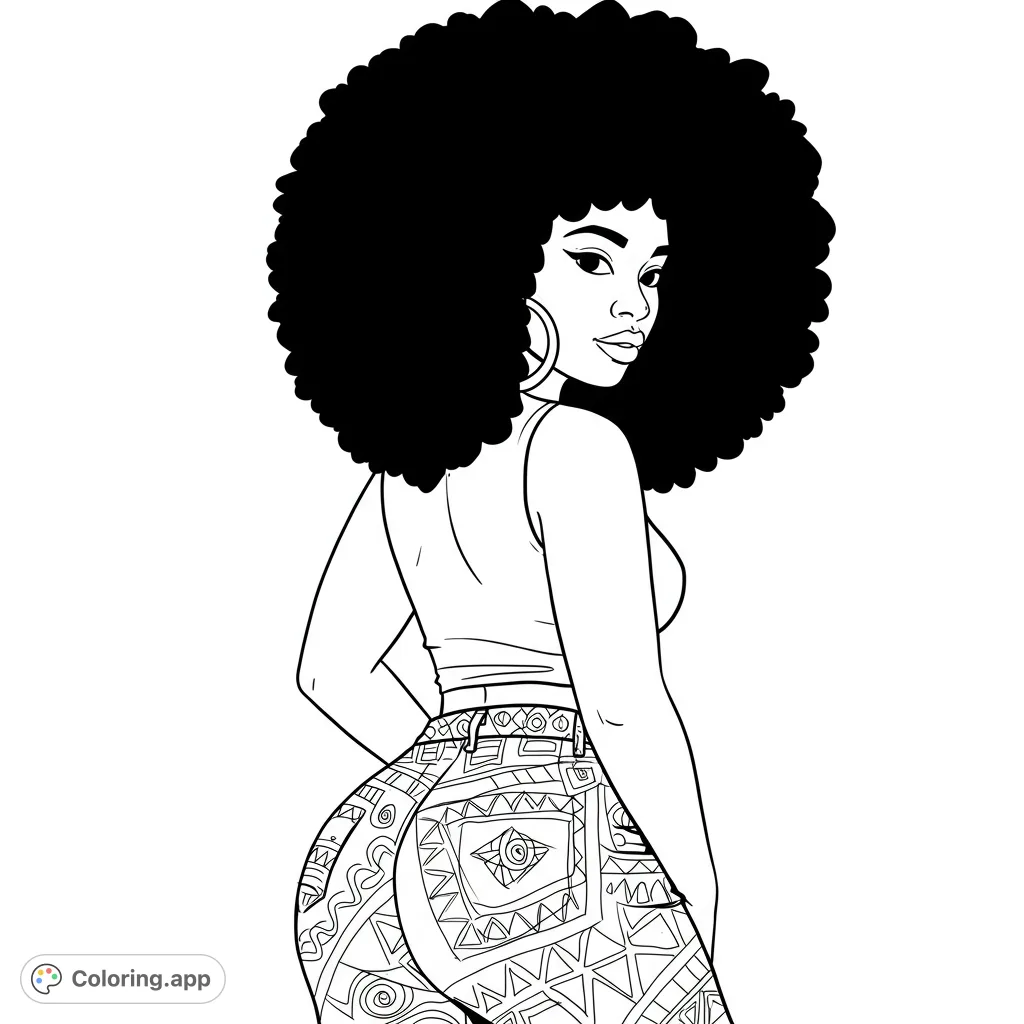 Empowering woman with a voluminous afro and intricately patterned pants. A stylish and confident figure, perfect for creative expression and vibrant colors.