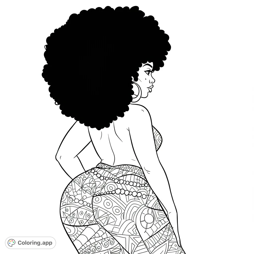 A confident woman with a voluminous afro and intricately patterned pants, looking over her shoulder. Perfect for creative expression and detailed coloring.
