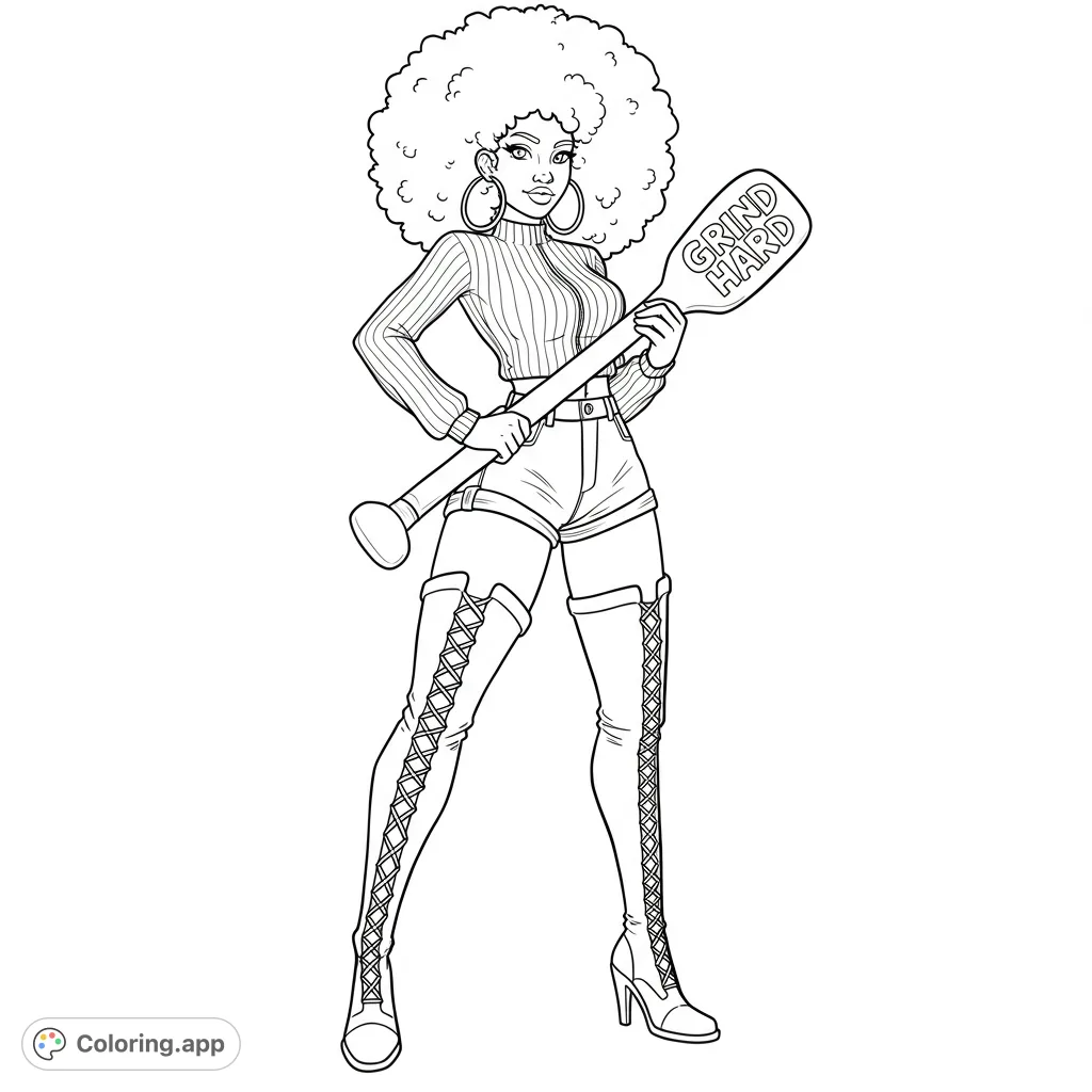 An empowering afro woman in stylish attire, holding a motivational paddle. A free printable empowerment coloring page for all ages.