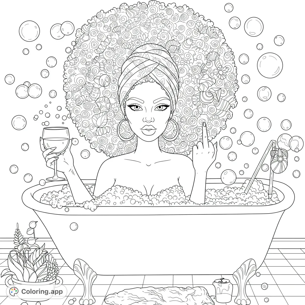 Unwind with this self-care coloring page featuring a confident woman enjoying a bubble bath with wine. Intricate details for mindful relaxation.