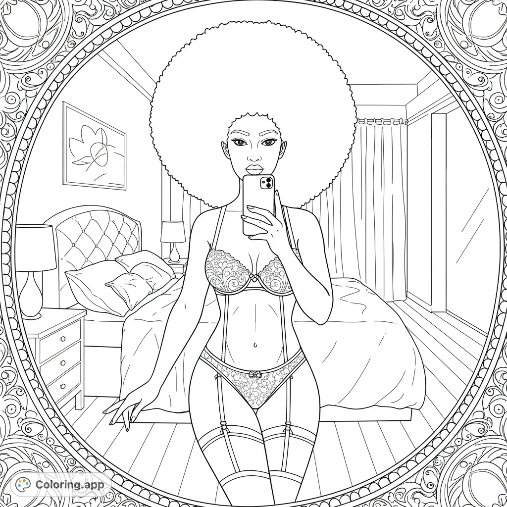 A stunning woman with a voluminous afro takes a selfie in an ornate mirror, revealing a detailed bedroom background. Perfect for adult colorists.
