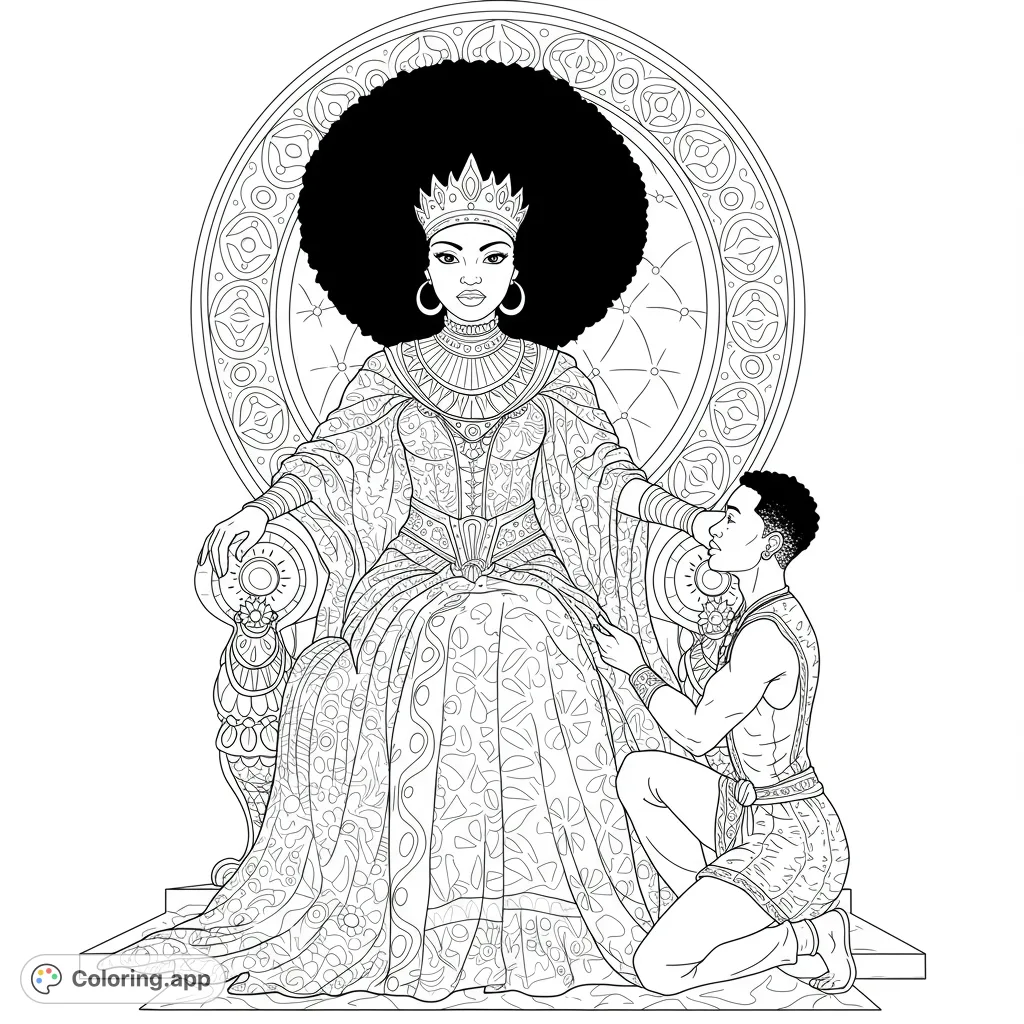 A majestic African queen with a grand afro sits on an ornate throne, attended by a kneeling figure. Intricate patterns adorn their regal attire.