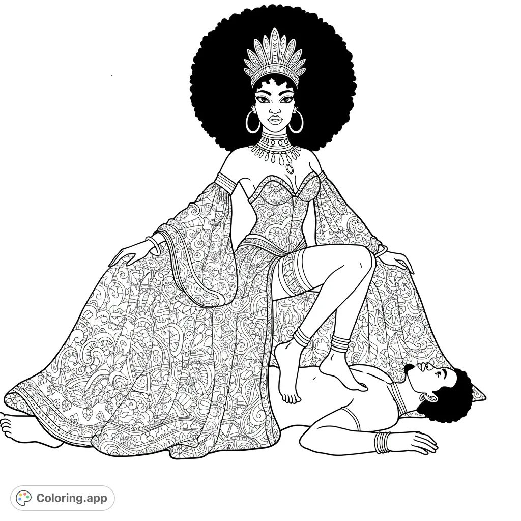 A powerful queen with a majestic afro and intricate gown, her foot resting on a man. A detailed, empowering coloring page.