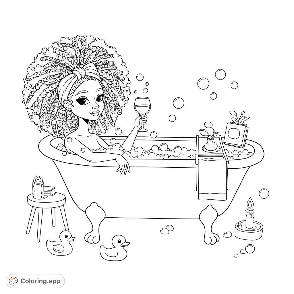 A serene woman with voluminous curly hair enjoys a bubbly bath, holding a wine glass, surrounded by self-care essentials.