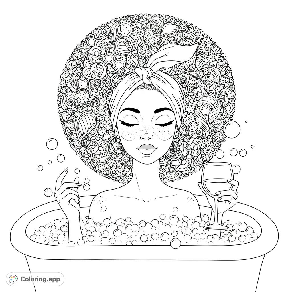 A serene woman enjoys a relaxing bubble bath, featuring intricate mandala-inspired hair, a headwrap, and a wine glass. Perfect for mindful coloring.