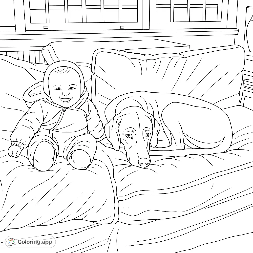 A heartwarming baby and dog coloring page, perfect for family fun. Features a smiling baby and a calm dog on a cozy couch, ready for your creative touch.