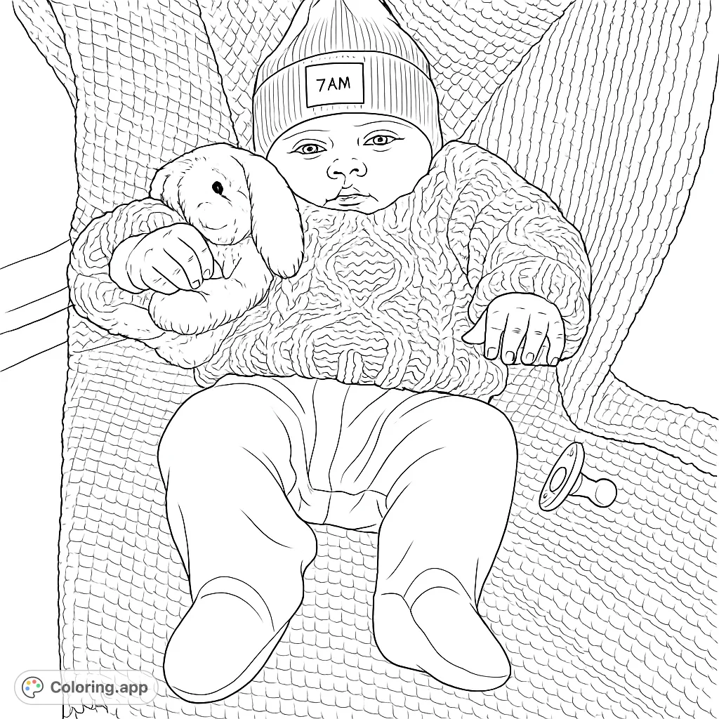 Adorable baby in a cozy sweater and beanie, holding a soft bunny toy on a textured blanket. A sweet, free printable baby coloring page.