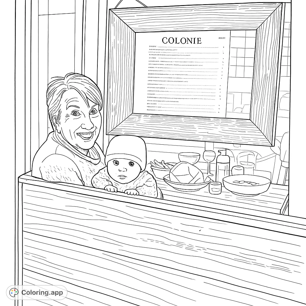 A heartwarming family coloring page featuring a smiling grandma and a curious baby behind a counter with food, perfect for all ages.
