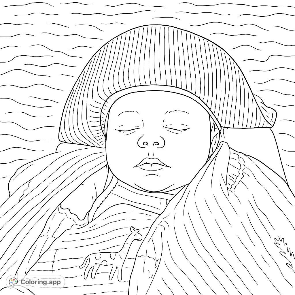 A serene baby sleeps soundly, wrapped in a cozy blanket with a tiny giraffe friend. A heartwarming free printable baby coloring page.