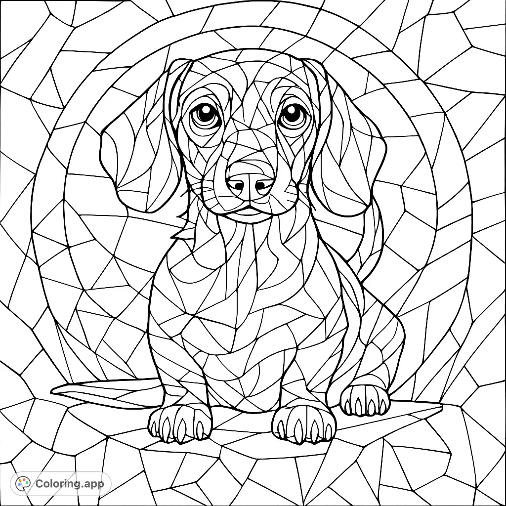 Adorable dachshund puppy in a unique stained-glass mosaic style. A free printable dog coloring page for kids and adults, perfect for creative expression.