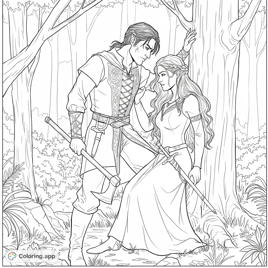 An enchanting fantasy forest coloring page featuring an elven couple amidst ancient trees and lush foliage, perfect for magical adventures.