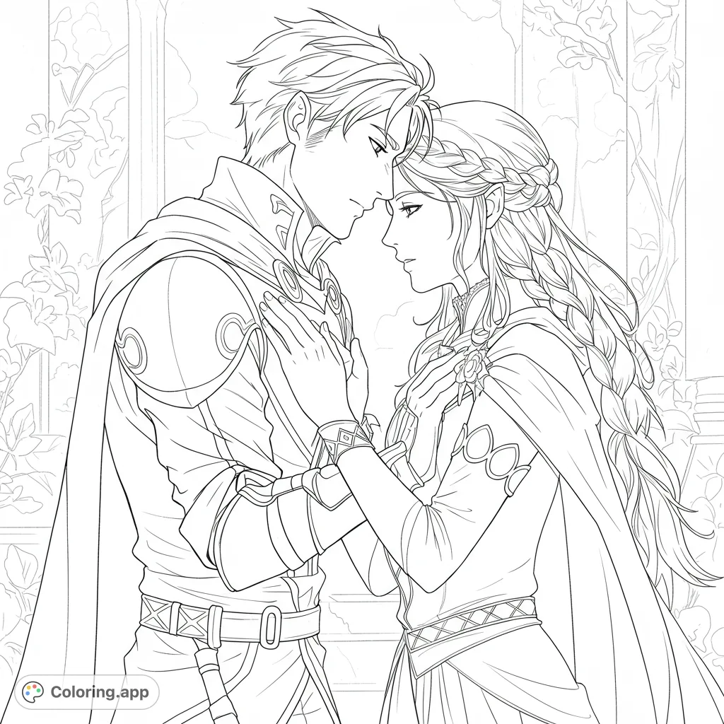 A romantic fantasy couple in an intimate embrace, featuring intricate costumes and a magical floral background. Perfect for fantasy lovers to color.