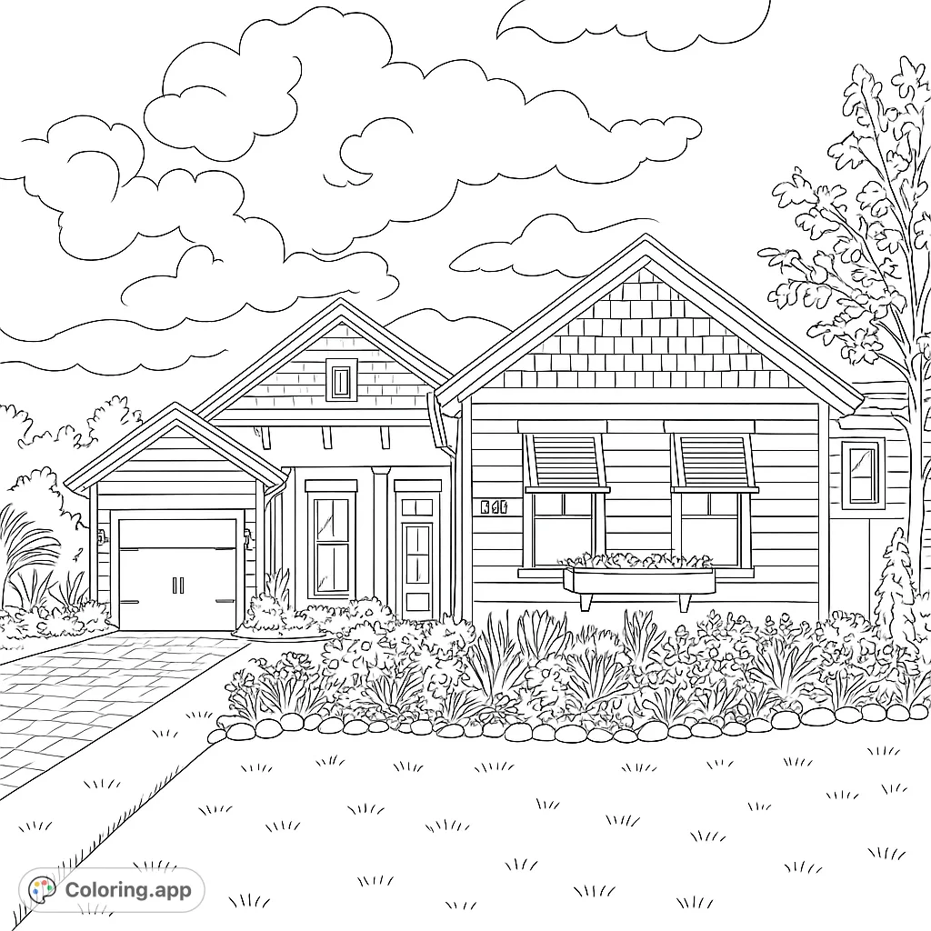 A delightful suburban house coloring page featuring a charming home, lush garden, and fluffy clouds. Perfect free printable coloring page for all ages.