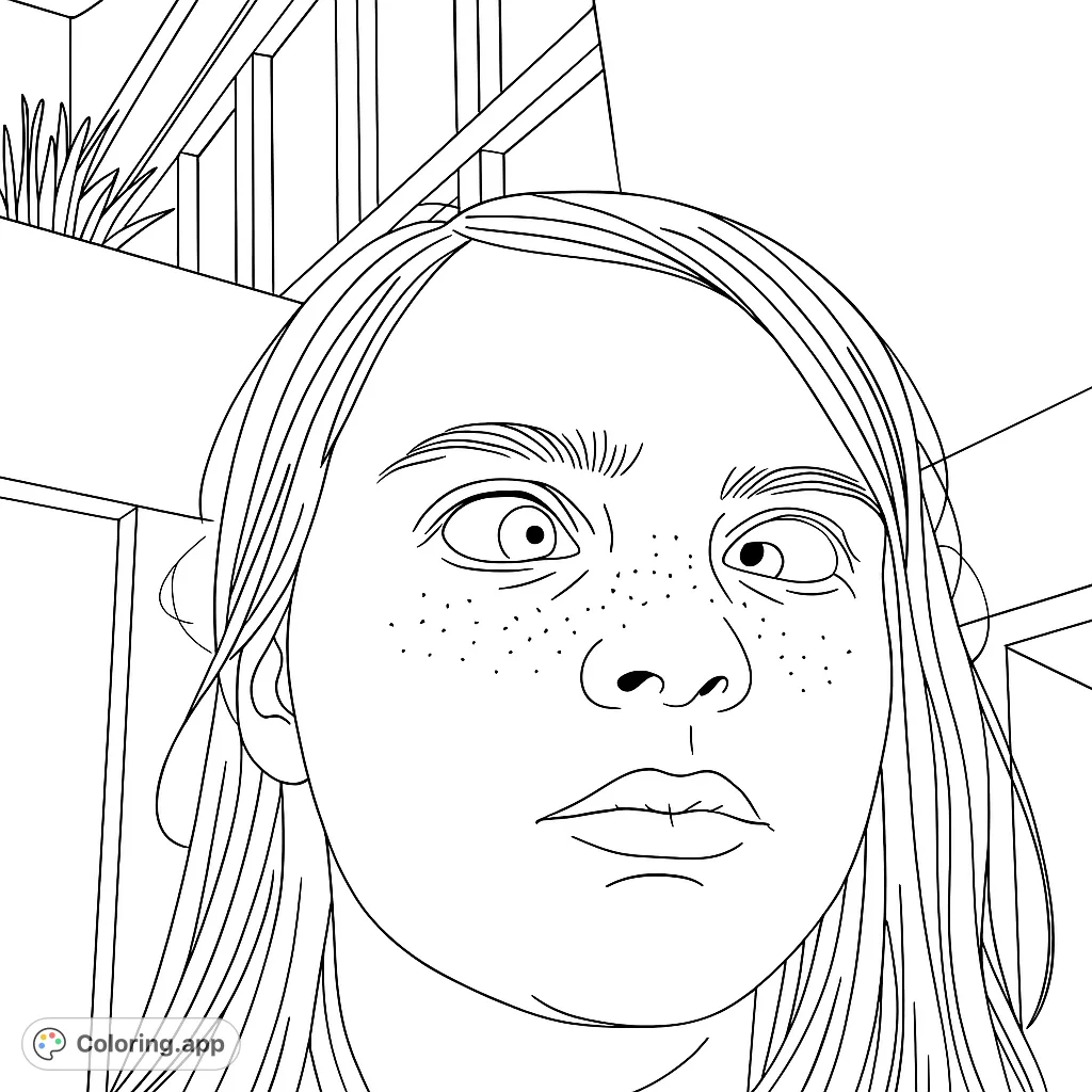 A captivating portrait coloring page featuring a wide-eyed, freckled face with a surprised expression, perfect for creative coloring.