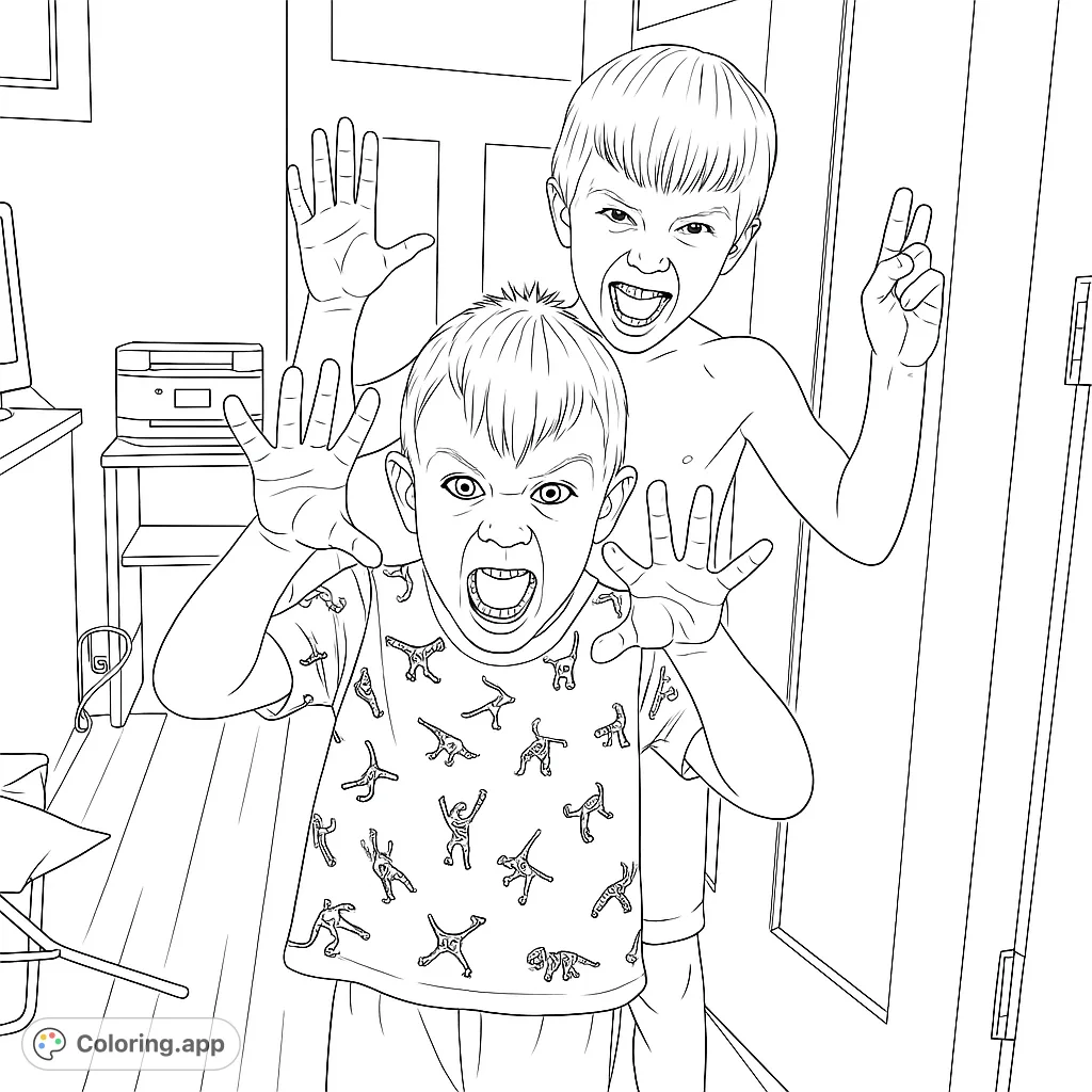 Two boys make hilarious monster faces, hands raised, ready for fun! A playful scene perfect for kids to color with vibrant hues.