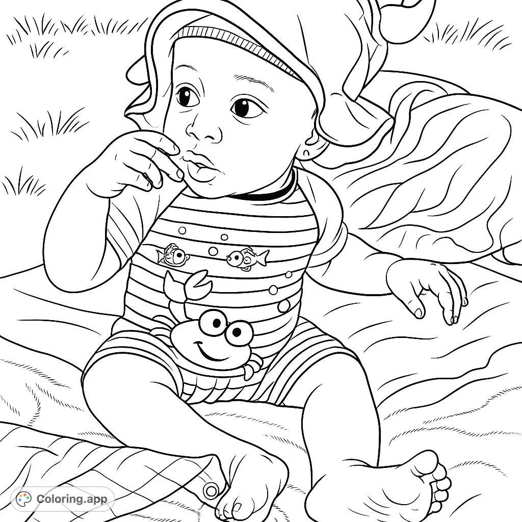 An adorable baby in a striped swimsuit with a cute crab and fish designs, wearing a floppy hat, sitting on a blanket. Perfect for a sweet coloring moment!