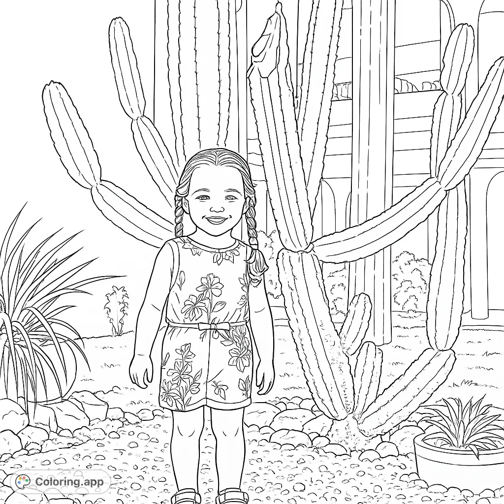 A charming desert coloring page featuring a happy girl among towering cacti. A free printable coloring page, perfect for kids and adults seeking a fun, nature-themed activity.