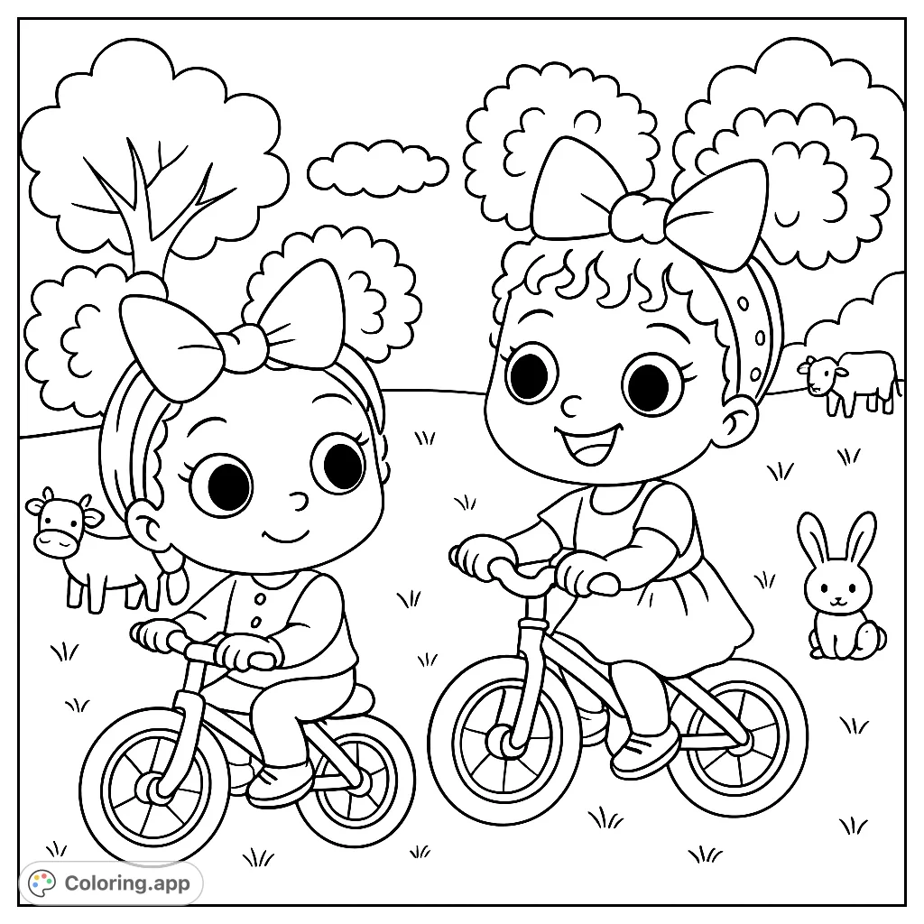 Two happy children ride balance bikes in a sunny park with animals. A delightful kids' bike riding coloring page for fun and learning.