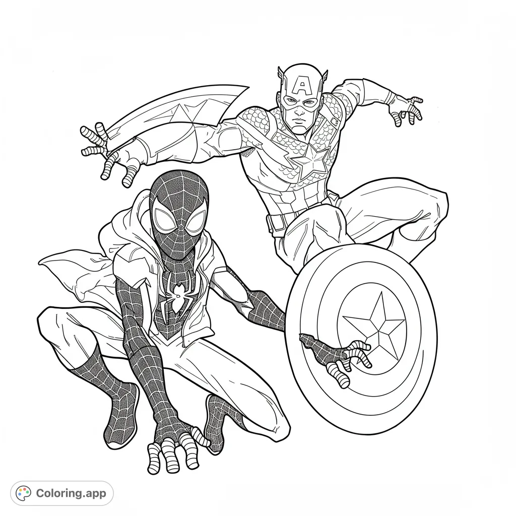 Action-packed superhero duo featuring Spider-Man and Captain America in dynamic poses. A free printable superhero coloring page for all ages.