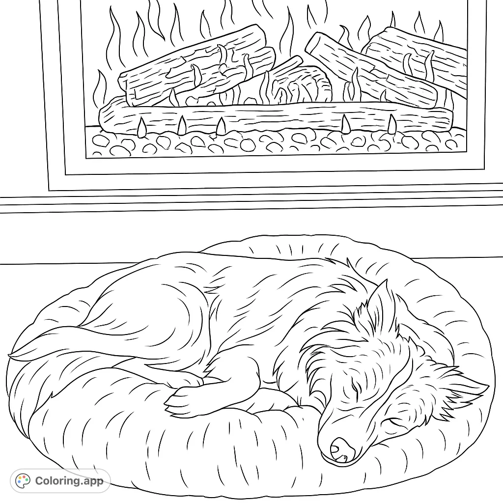 A peaceful dog sleeps soundly in a plush bed by a warm fireplace. A cozy scene perfect for relaxation and detailed coloring.