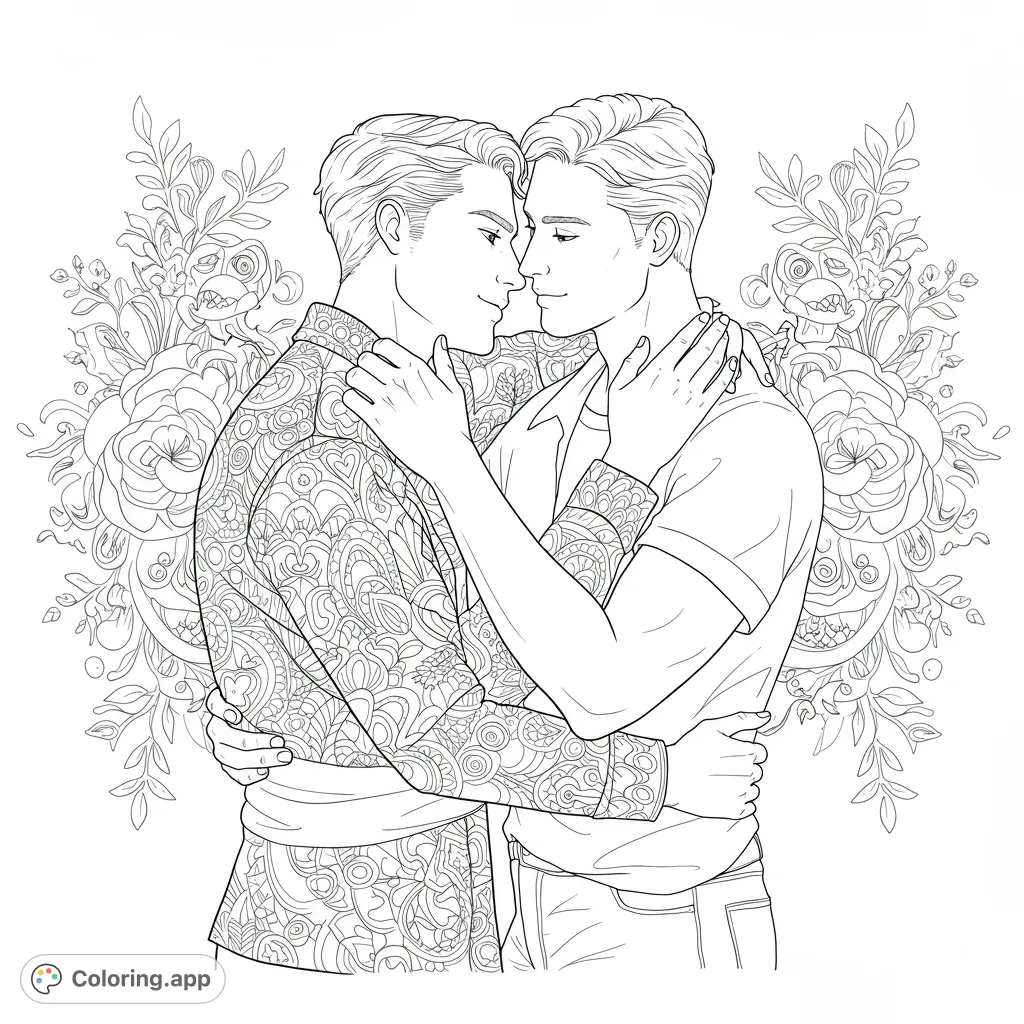 A romantic couple coloring page featuring two men in a tender embrace against a detailed floral background, perfect for adult coloring pages.