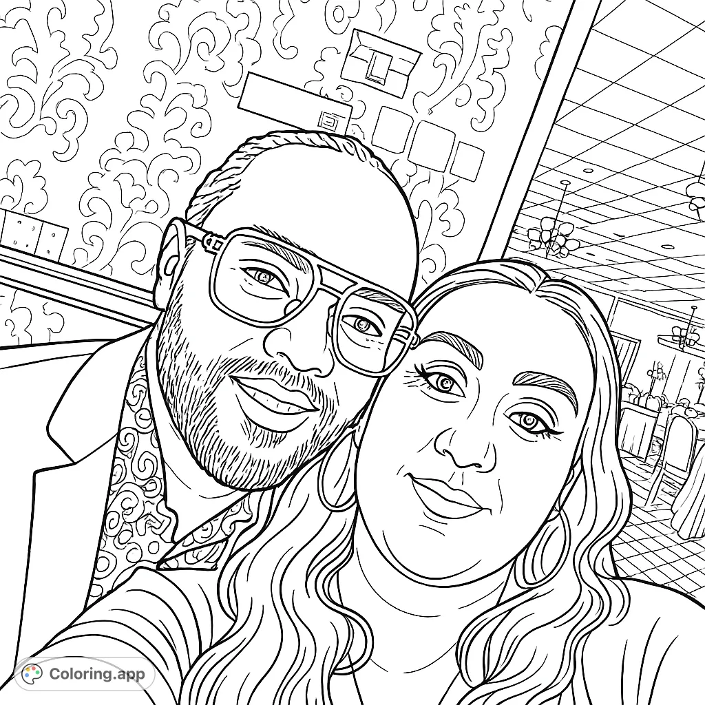 A happy couple's close-up selfie, featuring a man in glasses and a woman with wavy hair, set against an elegant background. Perfect for personalizing.