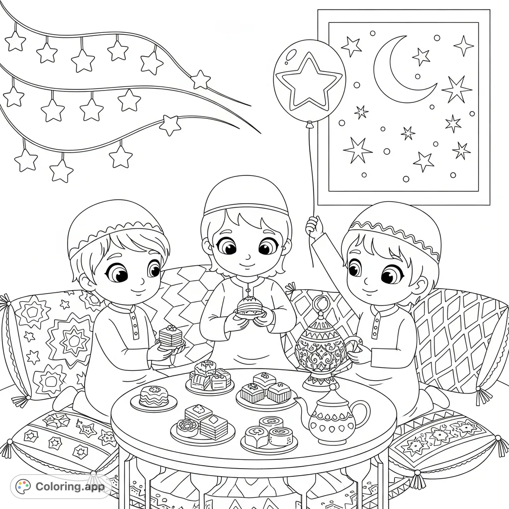 Three cheerful children celebrate Eid with sweets, a decorative lamp, and a star balloon in a cozy room, complete with a crescent moon and festive lights.