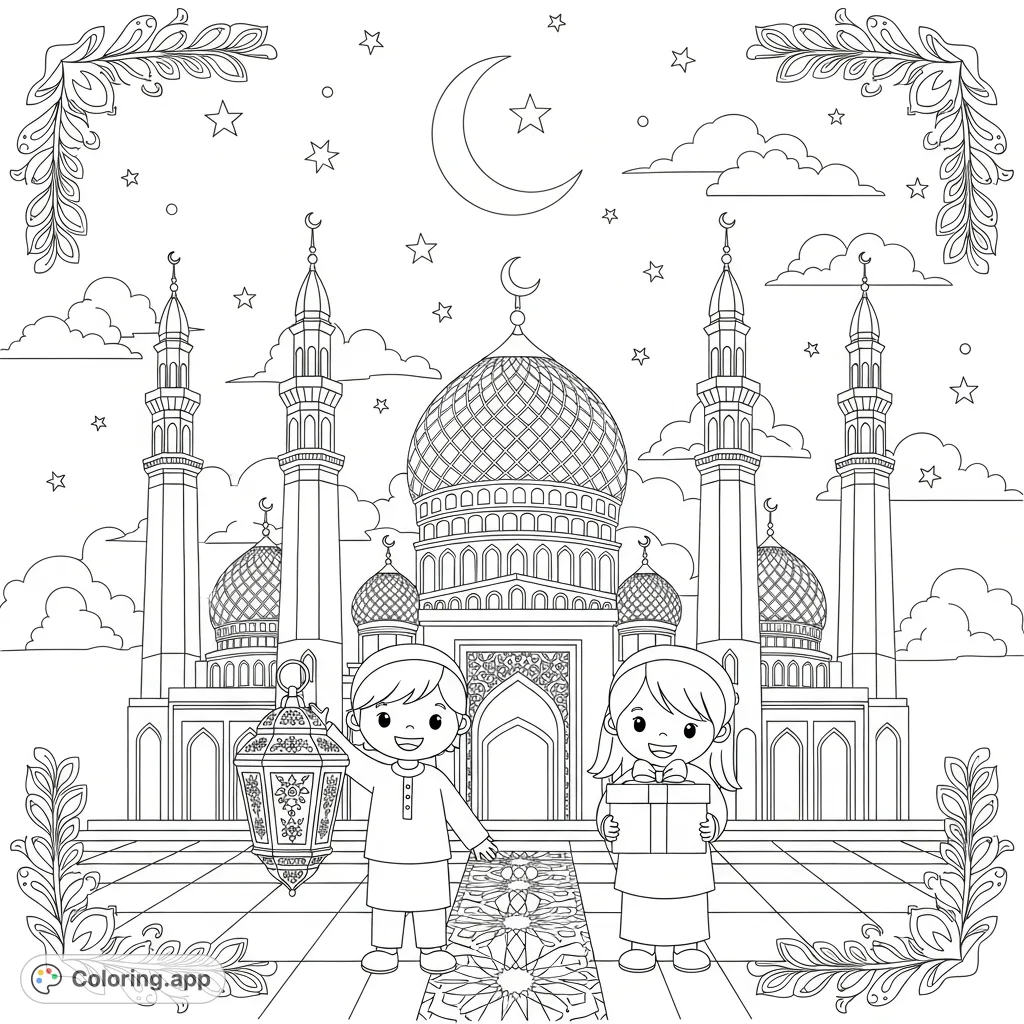Immerse yourself in the joy of Eid with a beautiful mosque, crescent moon, stars, and happy children holding festive lanterns and gifts.
