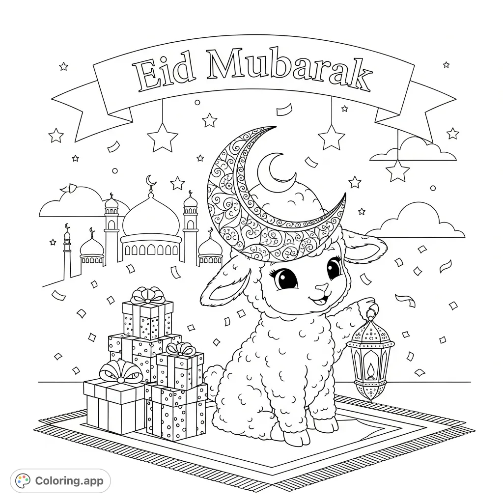 An adorable lamb in a crescent moon hat, sitting on a prayer mat with Eid gifts and a mosque backdrop, spreading "Eid Mubarak" cheer. A joyful Eid Mubarak coloring page.