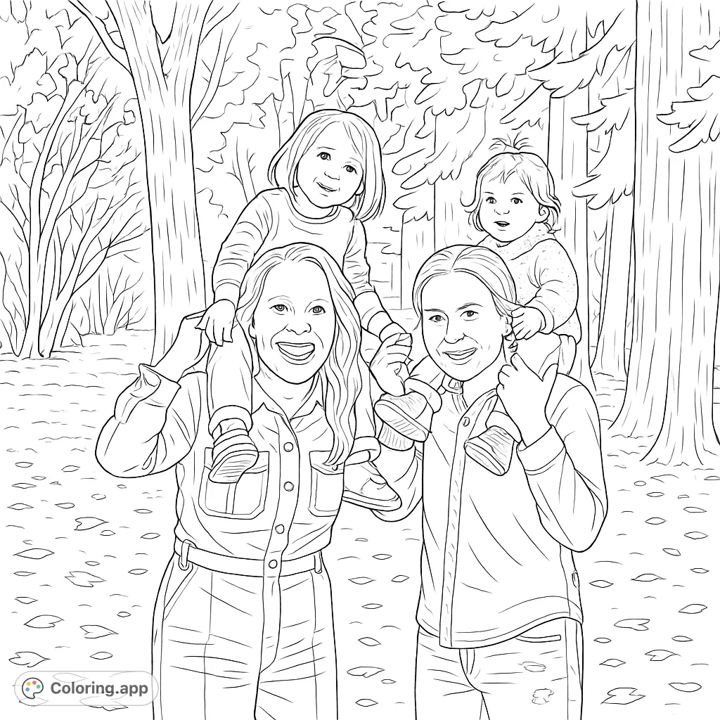 A joyful family outing in a forest, with two adults carrying happy children on their shoulders. A heartwarming scene perfect for all ages.