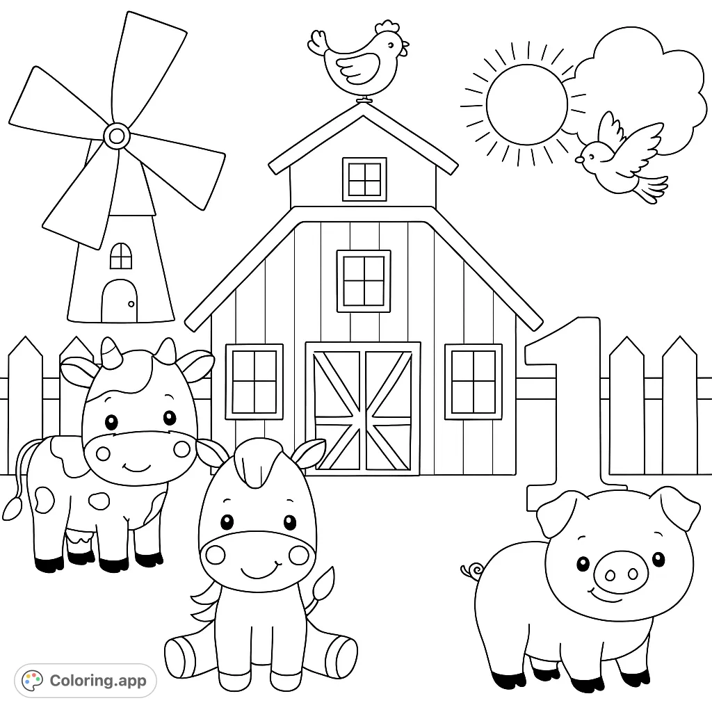 Explore a delightful farm scene with a barn, windmill, and adorable animals like a cow, horse, and pig, perfect for coloring fun!