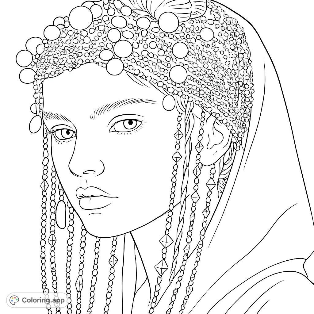 An elegant portrait of a woman adorned with an intricate beaded headpiece and cascading strands, perfect for detailed coloring.