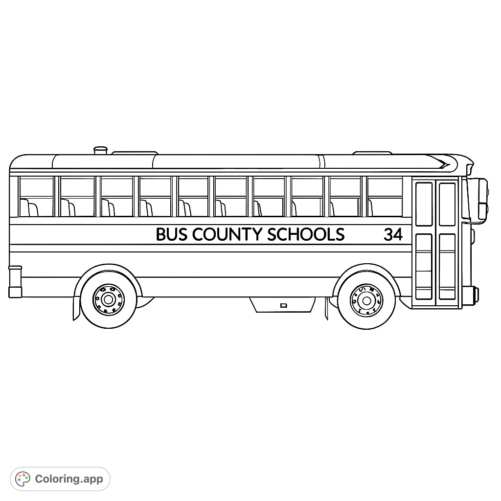 A classic school bus coloring page, perfect for kids. Features a detailed side view with windows and wheels, ready for vibrant colors.