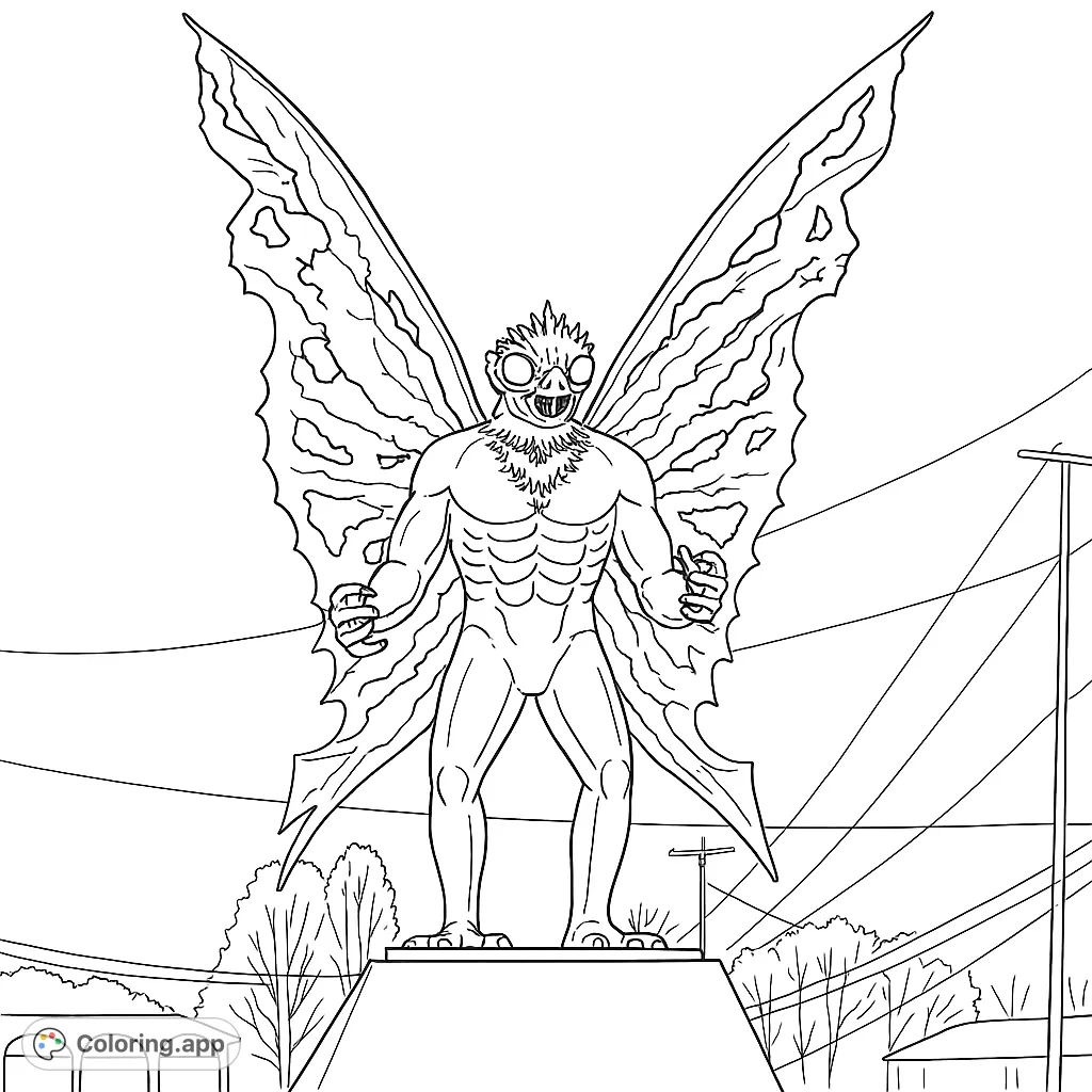 Color a powerful moth-human hybrid with massive wings towering over a city. Intricate details for a thrilling monster coloring page adventure.