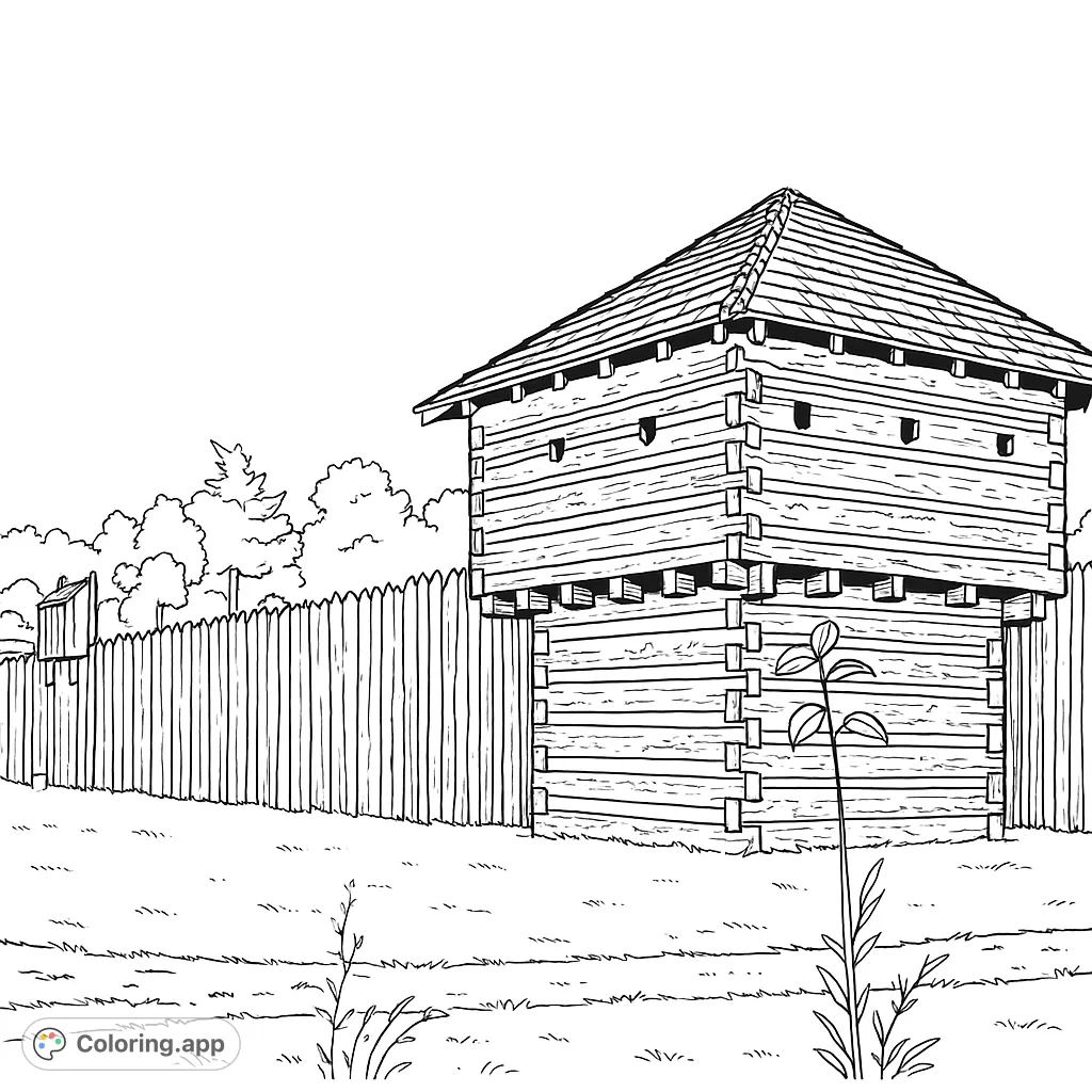 Explore a historic wooden fort with a tall palisade fence and surrounding nature. A detailed free printable fort coloring page for all ages.
