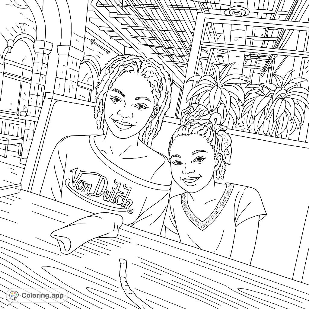 Two smiling girls at a cafe table, ready for a fun coloring adventure. Features detailed hair, patterned clothes, and a lively restaurant background.