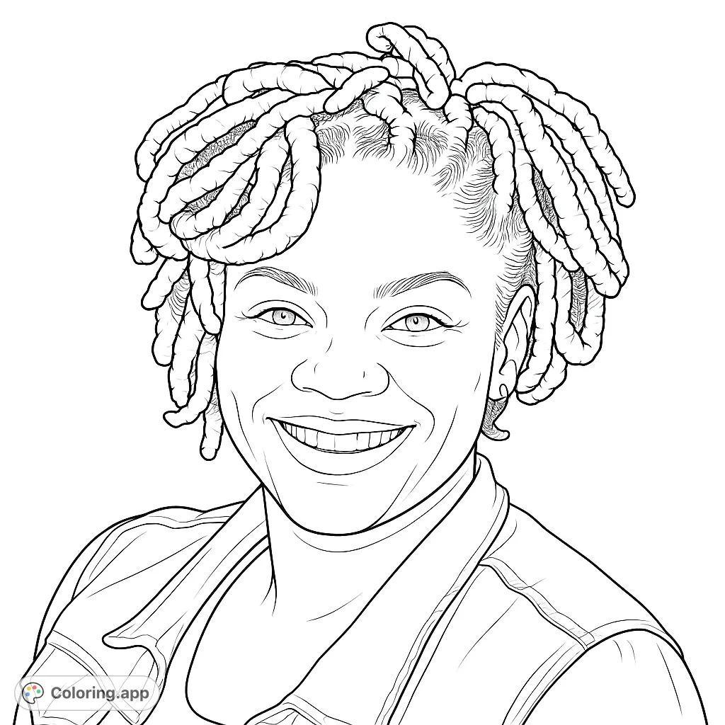 A beautiful, free printable coloring page featuring a joyful woman with dreadlocks, smiling brightly. Perfect for all ages to express creativity and celebrate diversity.