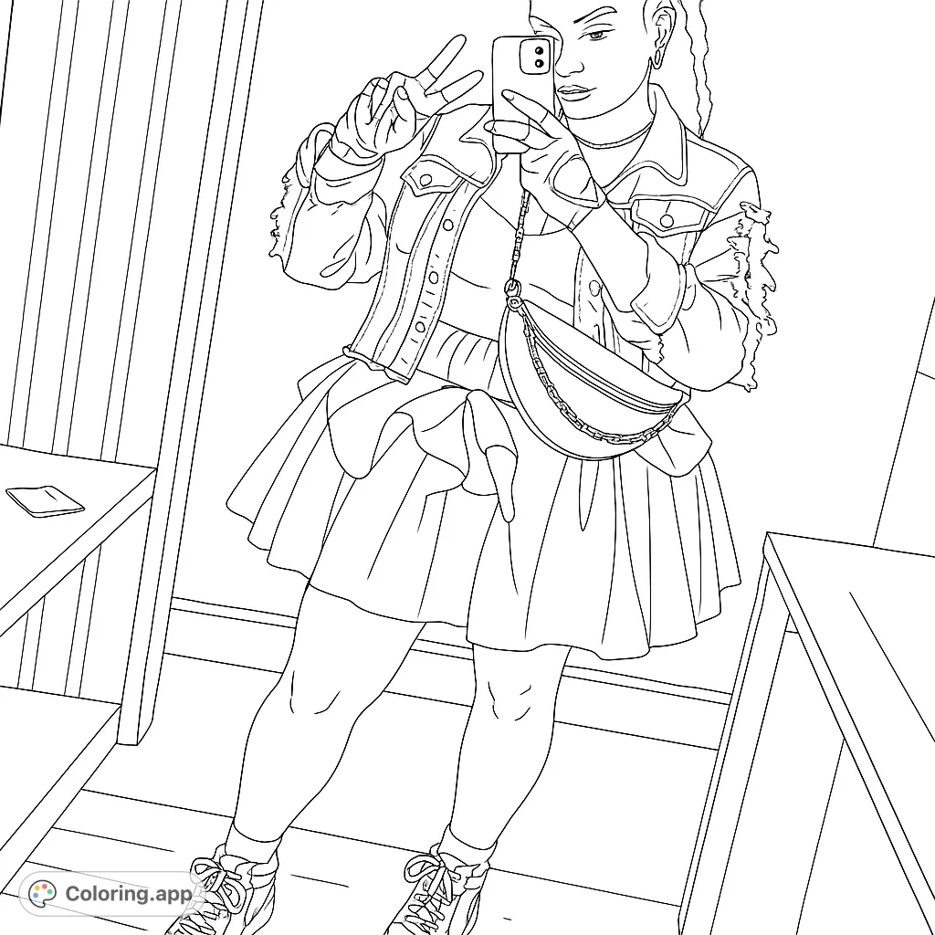 Strike a pose with this trendy mirror selfie coloring page! Features a stylish person in a denim jacket and skirt, perfect for fashion enthusiasts.