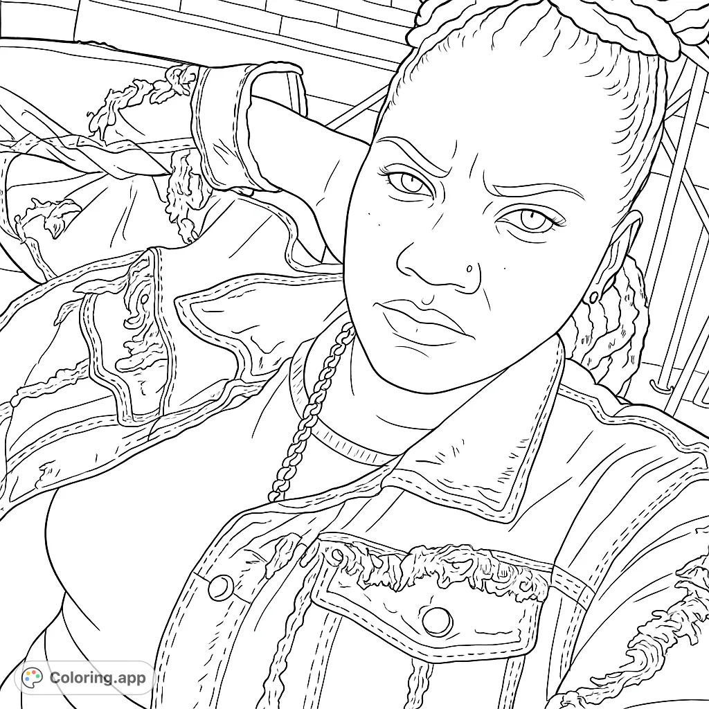 Capture urban cool with this intense portrait coloring page. Features a person in a detailed denim jacket, braids, and piercings. Free printable for all ages!