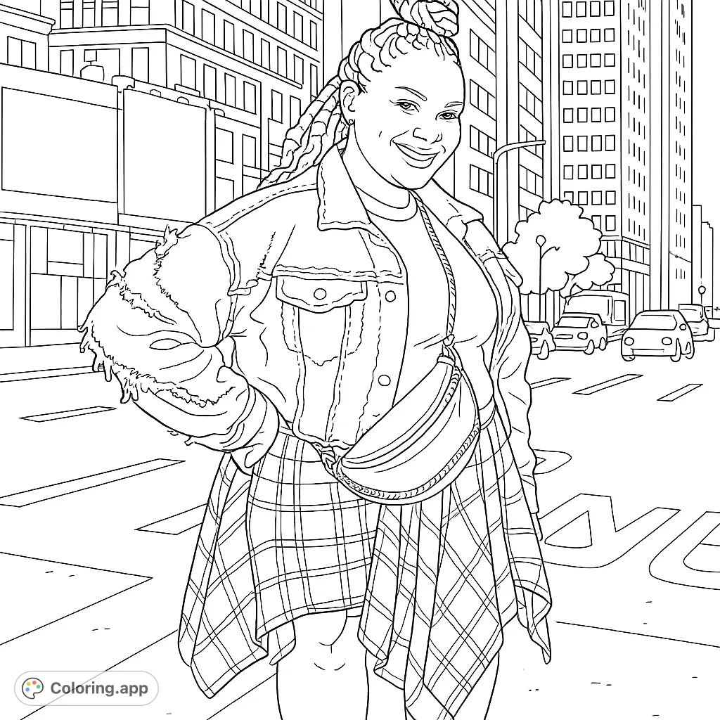 Stylish woman in denim and plaid poses on a vibrant city street. A free printable urban fashion coloring page for all ages to enjoy.