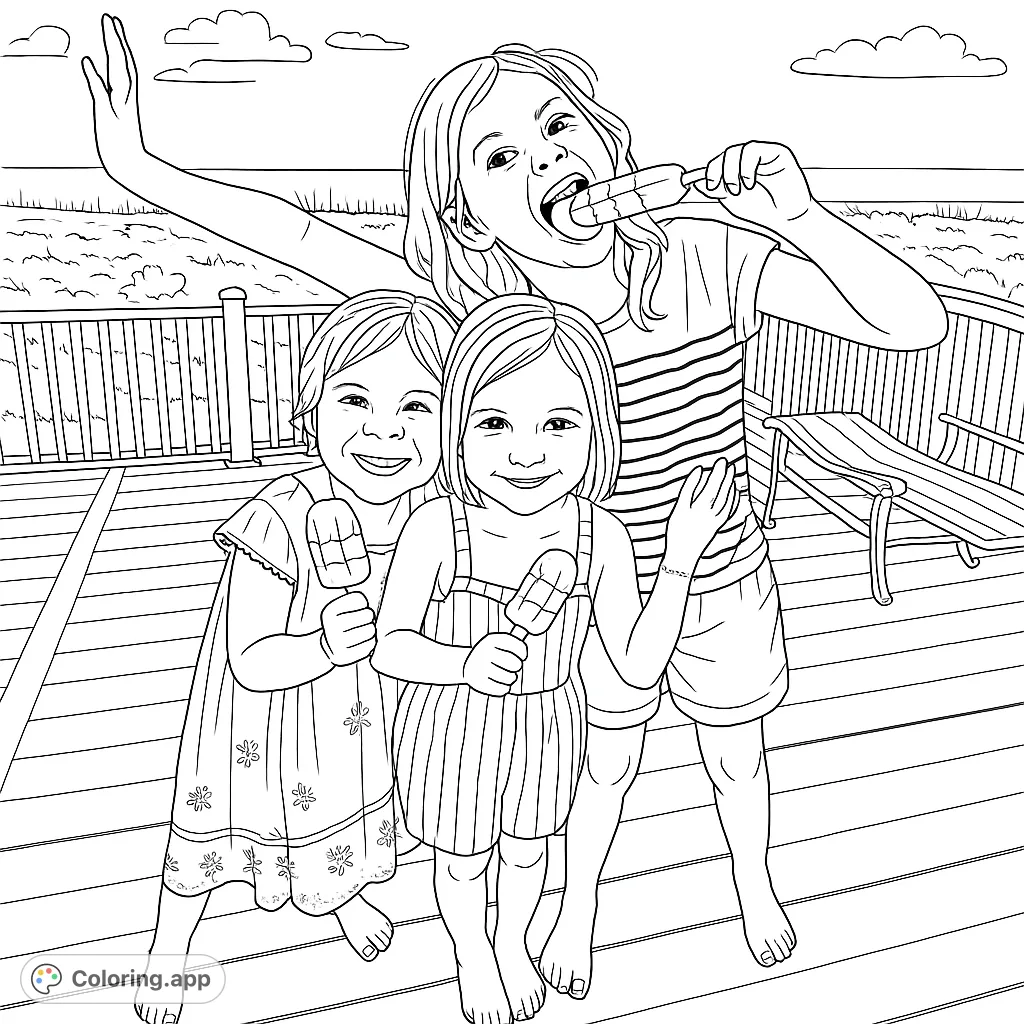Three joyful children enjoy popsicles on a sunny deck, with a scenic water view. A delightful summer scene for a free printable coloring page.