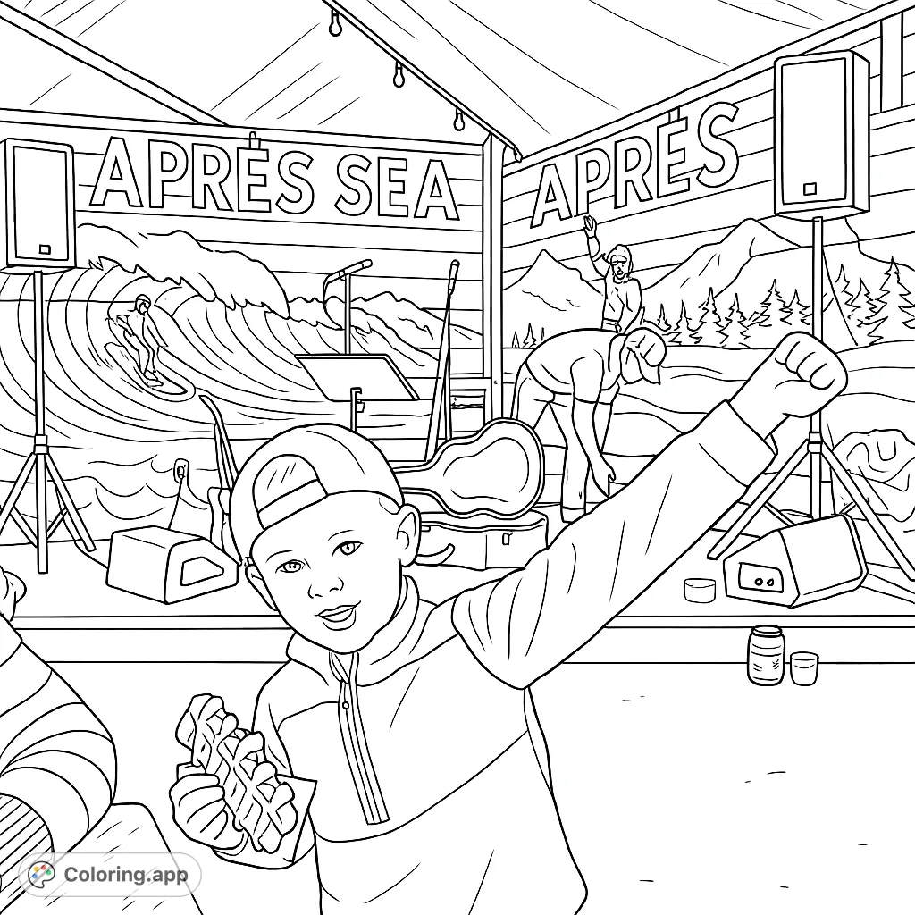 Celebrate with a young boy holding a waffle in a dynamic après scene featuring surfing waves, majestic mountains, and musical instruments. Free printable fun!