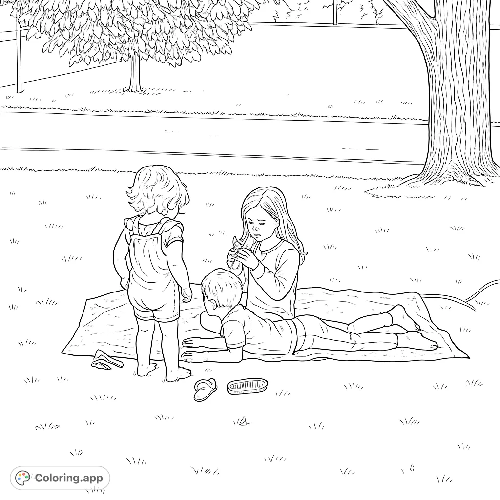 A heartwarming park scene featuring three children on a blanket, perfect for a relaxing coloring session. Capture the joy of outdoor play!