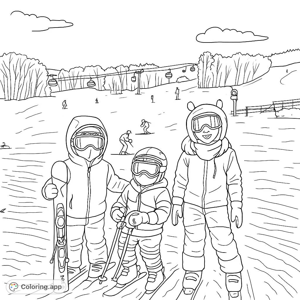 A fun ski trip coloring page featuring three happy skiers on a snowy mountain slope with ski lifts and trees in the background. Perfect for winter fun!