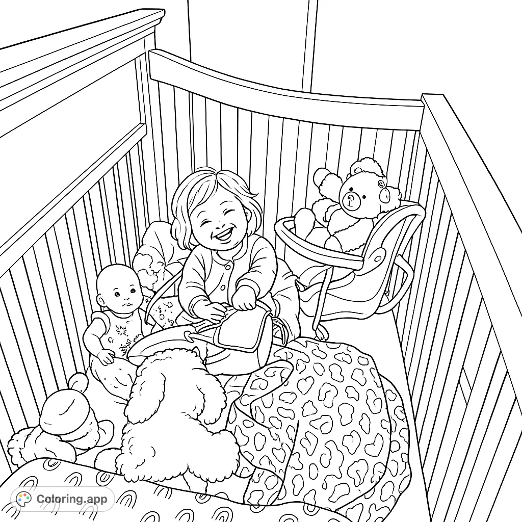 A joyful baby laughs in a crib surrounded by beloved toys and patterned blankets. A delightful scene for a baby coloring page, perfect for all ages.