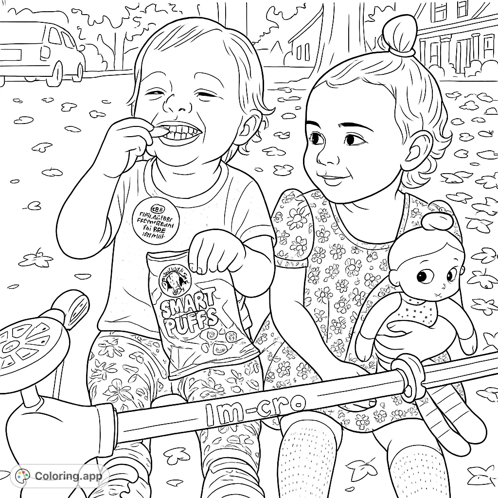 A heartwarming free printable kids coloring page featuring two happy children enjoying snacks and playtime outdoors. Perfect for young artists!