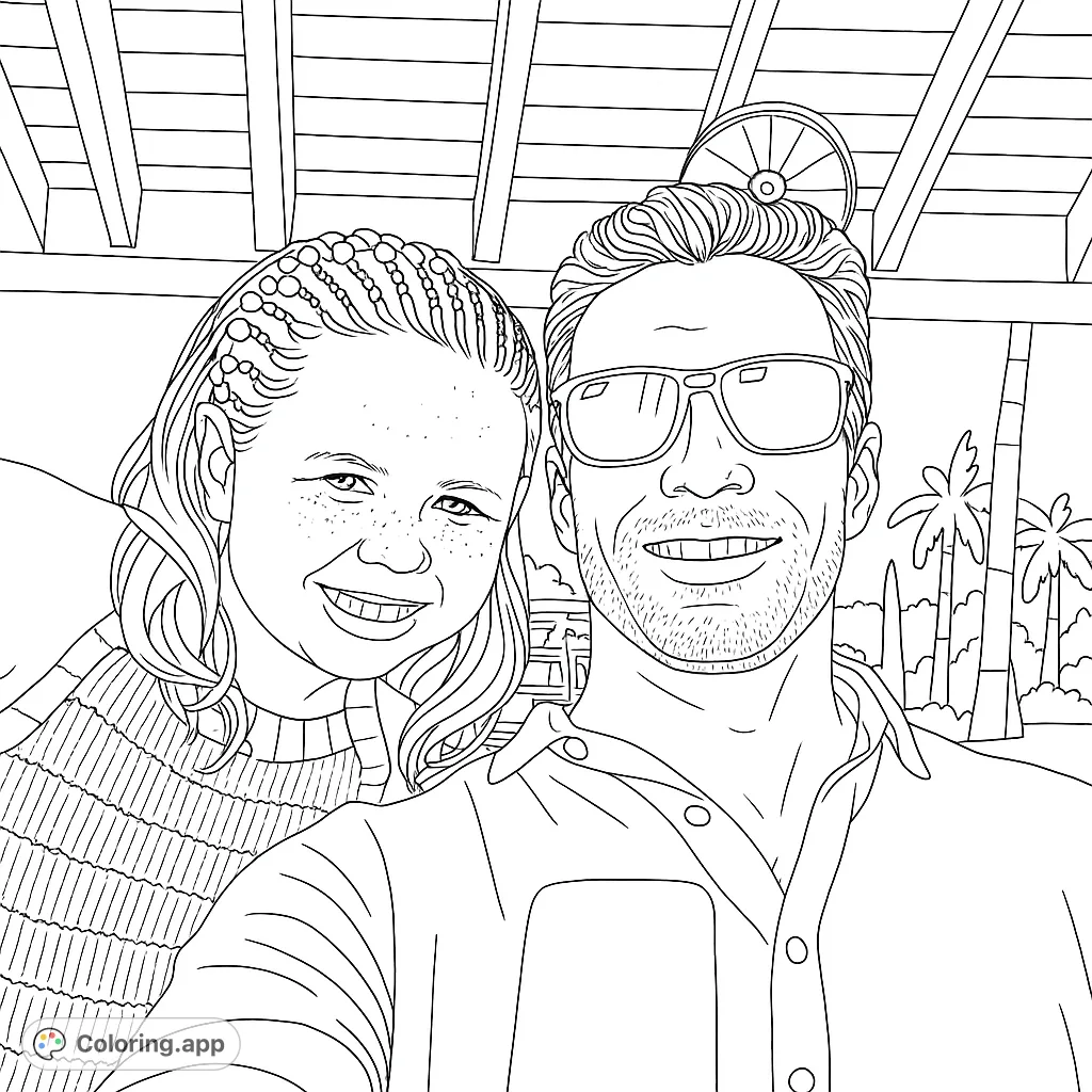 A joyful family selfie coloring page featuring a man and a girl smiling, with a tropical background. Free printable coloring page for all ages.