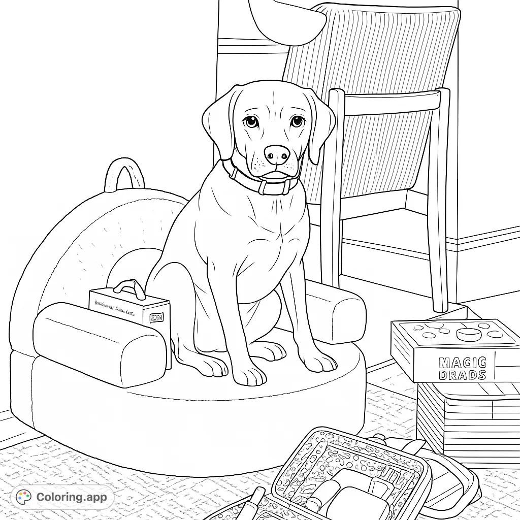 A loyal Labrador sits on a cozy chair amidst household items, ready for a fun coloring adventure. A free printable dog coloring page for all ages!