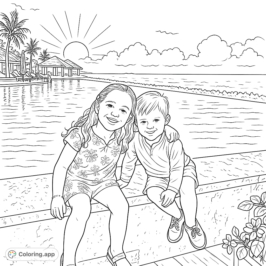 Two smiling children sit on a wall overlooking a tropical resort and ocean at sunset. A perfect free printable tropical family coloring page.
