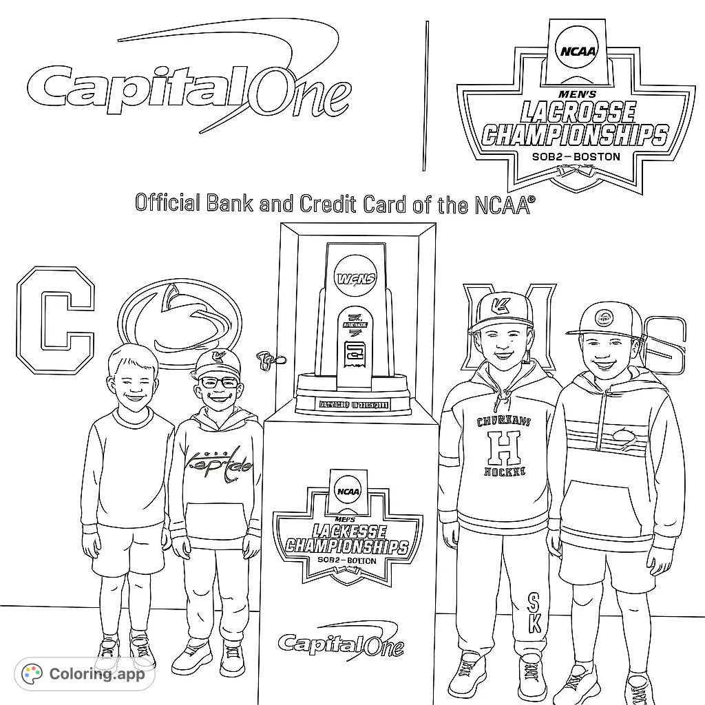 Celebrate victory with this sports championship coloring page! Features smiling kids, a grand trophy, and bold background shapes for a fun, free printable experience.